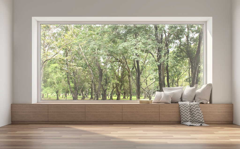 Side window seat with nature view 3d render.